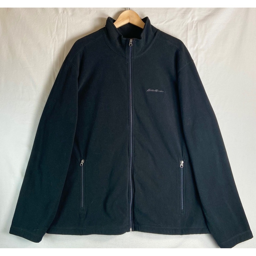 Eddie Bauer Mens 2XL Black Full Zip Fleece Jacket Mock Neck Outdoor Layer